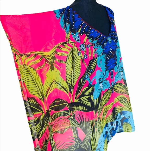Cover Up Tropical Print Luxury Embellished Kaftan Top - Picture 4 of 10